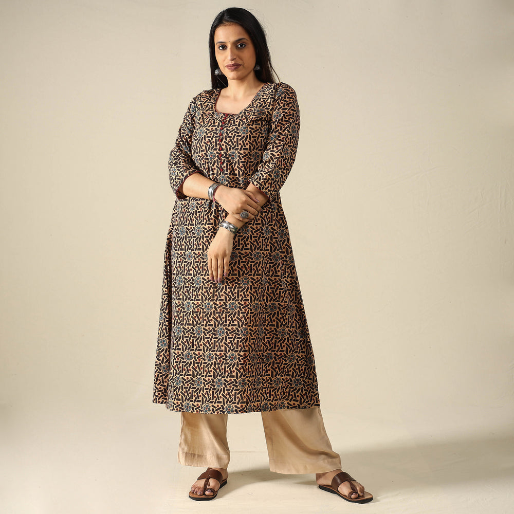 Brown - Ajrakh Block Printed Cotton Long A-Line Kurta