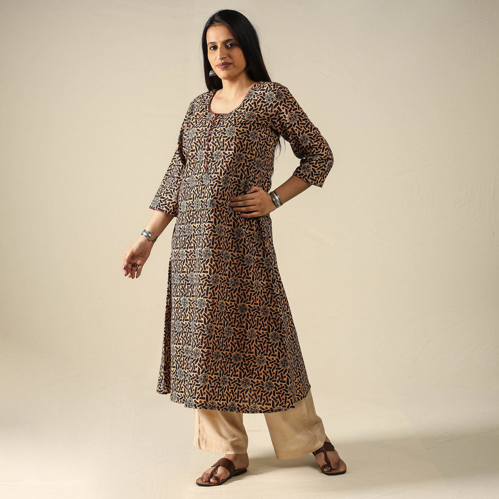 Brown - Ajrakh Block Printed Cotton Long A-Line Kurta