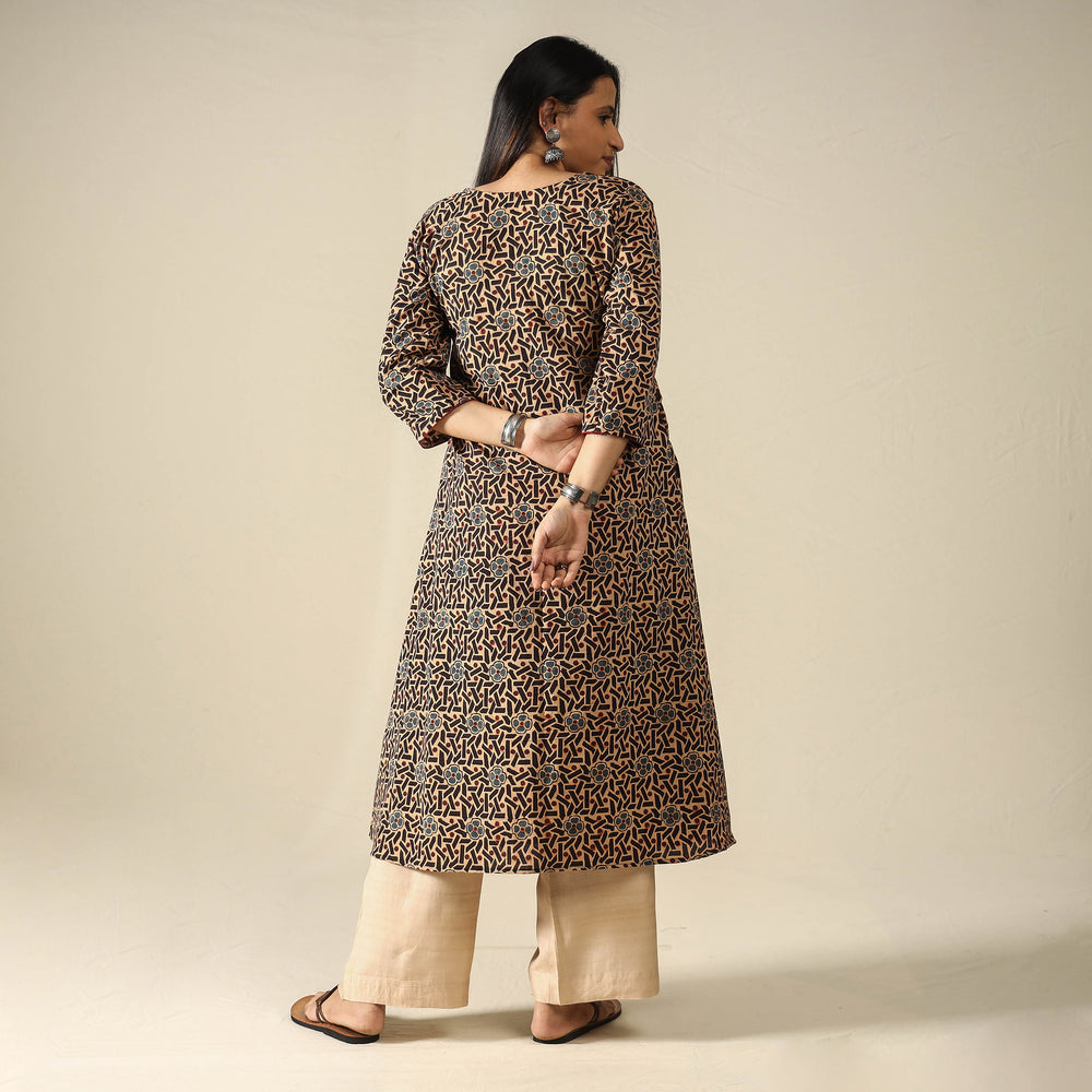 Brown - Ajrakh Block Printed Cotton Long A-Line Kurta