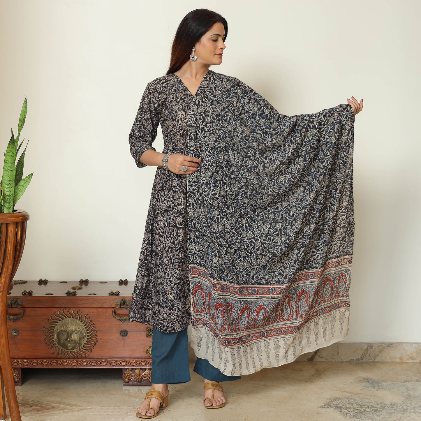 Black - Pedana Kalamkari Block Printed Cotton Kurta with Palazzo & Dupatta Set 11