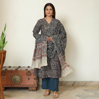 Black - Pedana Kalamkari Block Printed Cotton Kurta with Palazzo & Dupatta Set 11