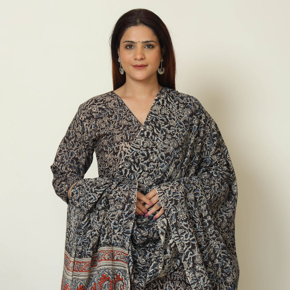 Black - Pedana Kalamkari Block Printed Cotton Kurta with Palazzo & Dupatta Set 11