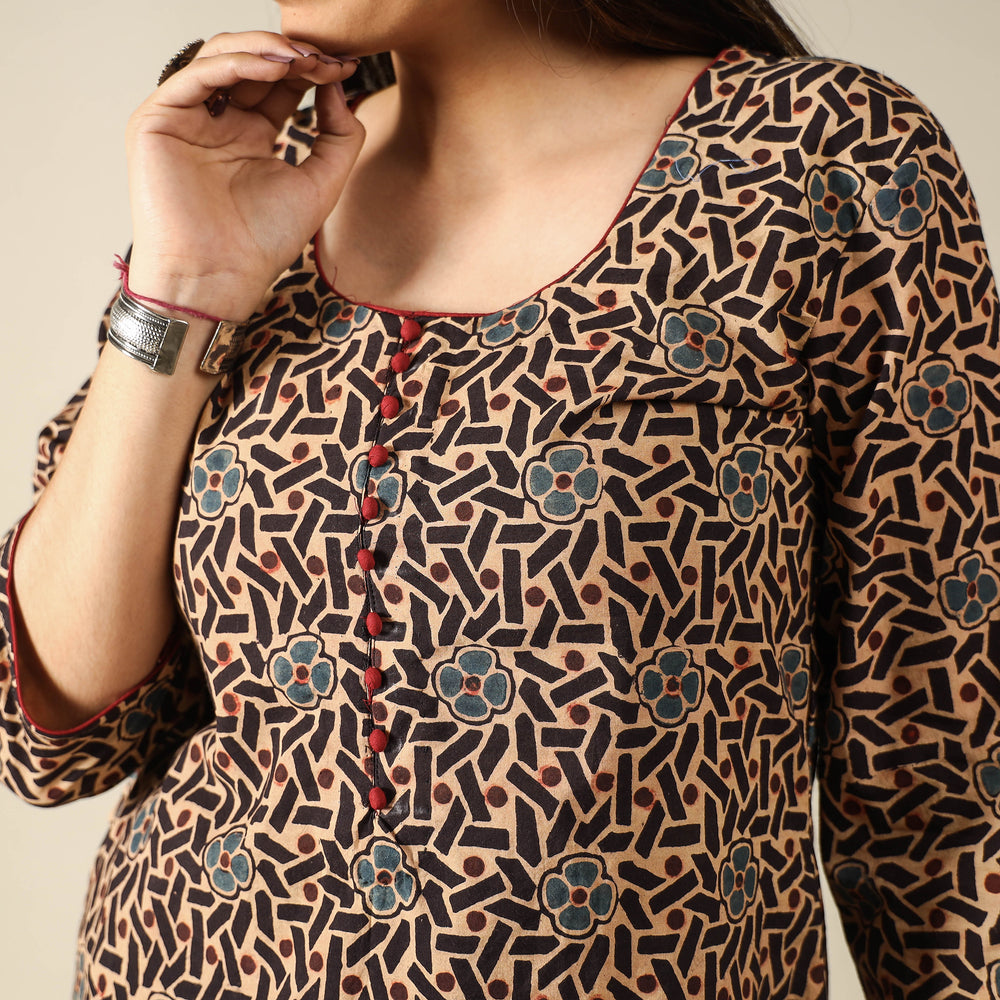 Brown - Ajrakh Block Printed Cotton Long A-Line Kurta