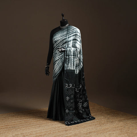 Grey - Kutch Tie-Dye Modal Silk Shibori & Bandhani Saree with Blouse 05