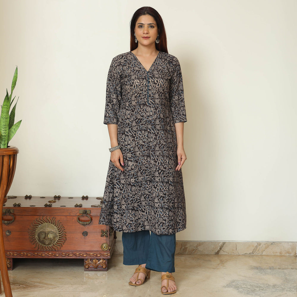 Black - Pedana Kalamkari Block Printed Cotton Kurta with Palazzo & Dupatta Set 11