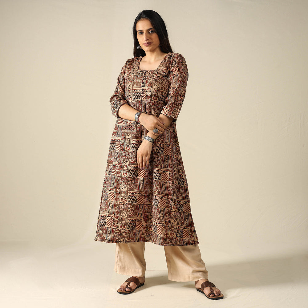 Brown - Ajrakh Block Printed Cotton Long Kurta