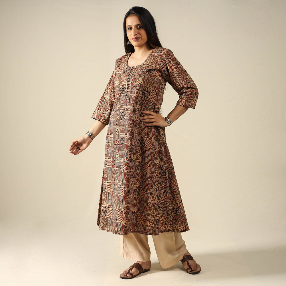 Brown - Ajrakh Block Printed Cotton Long Kurta