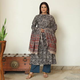 Black - Pedana Kalamkari Block Printed Cotton Kurta with Palazzo & Dupatta Set 10