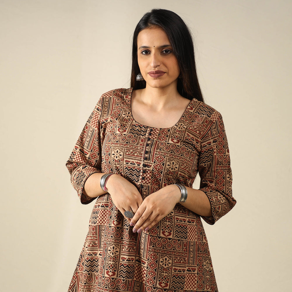 Brown - Ajrakh Block Printed Cotton Long Kurta