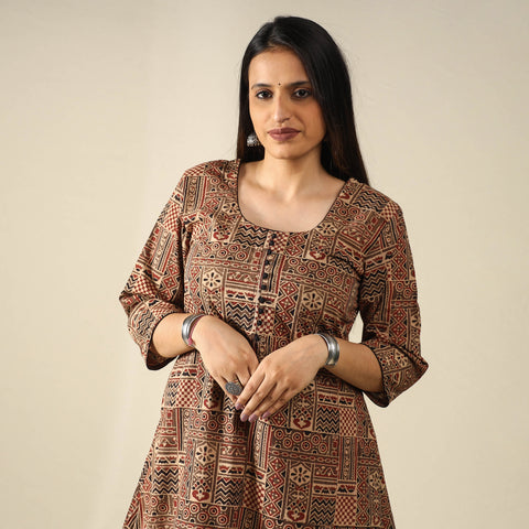 Buy Ajrakh Block Printed Cotton Long Kurta for Women