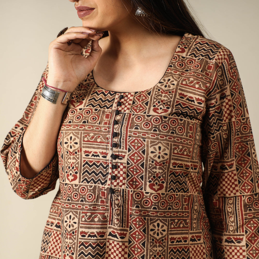 Brown - Ajrakh Block Printed Cotton Long Kurta