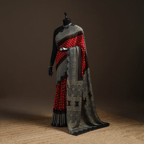 Red - Block Printed Ajrakh Modal Silk Bandhani Saree 06