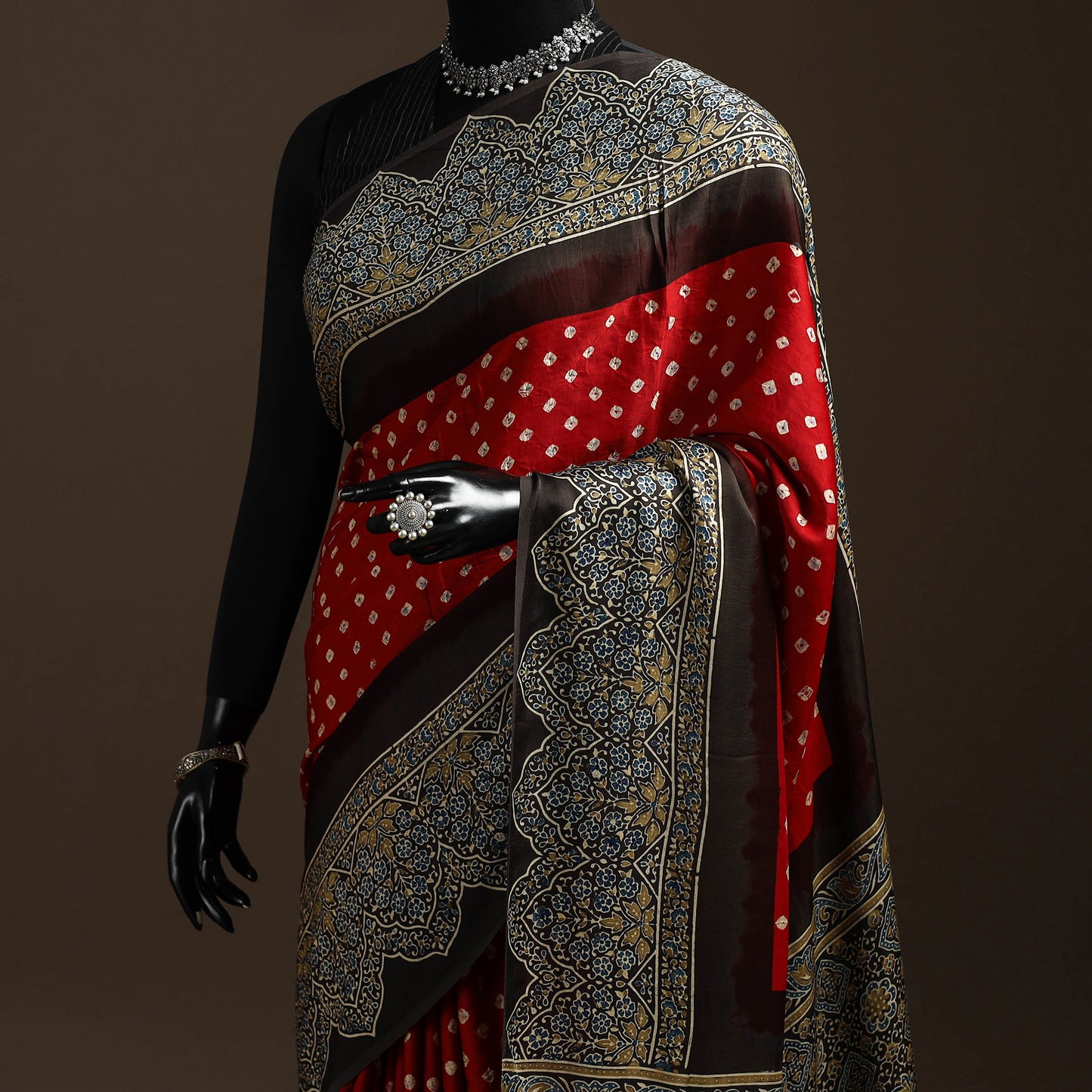 Red - Block Printed Ajrakh Modal Silk Bandhani Saree 06