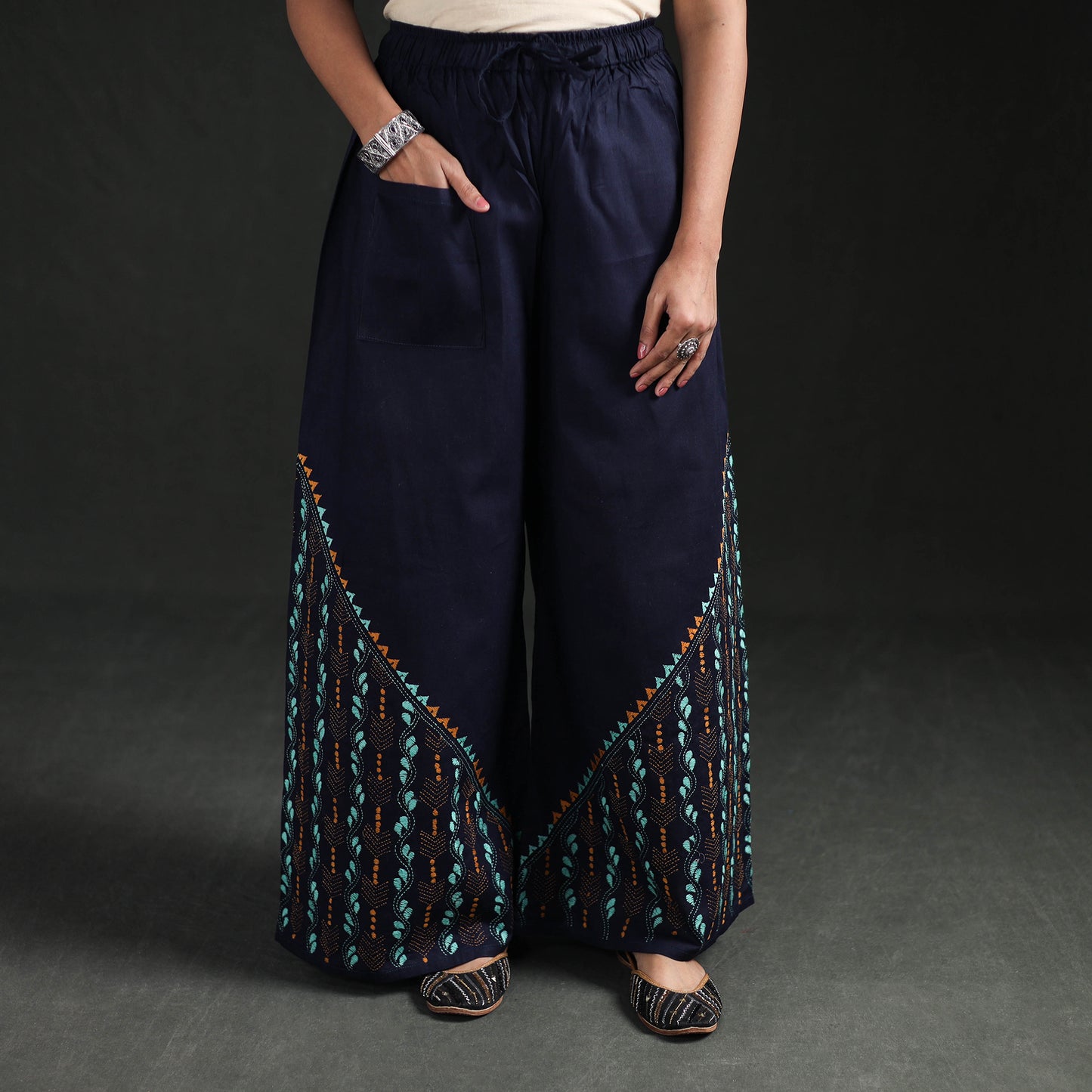 Bengal Kantha Hand Embroidered Cotton Palazzo 07