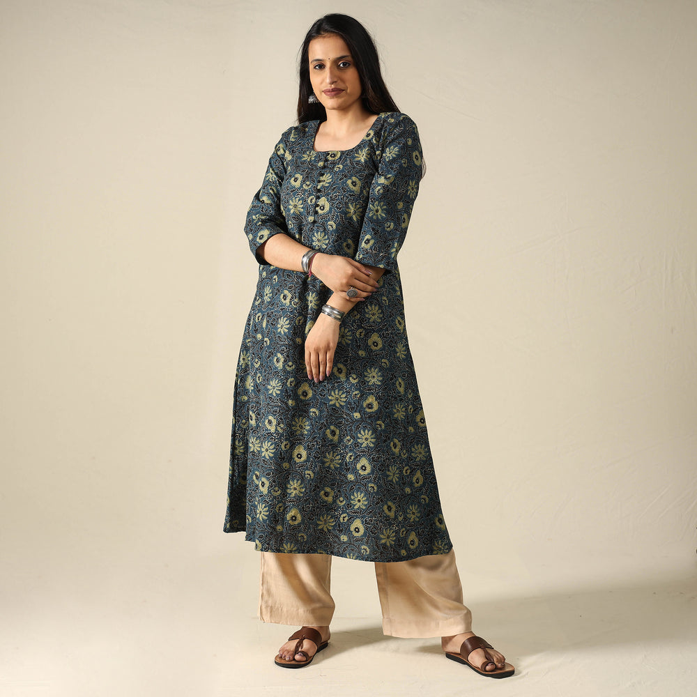 Blue - Ajrakh Block Printed Cotton Long Kurta