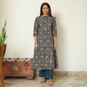 Black - Pedana Kalamkari Block Printed Cotton Kurta with Palazzo & Dupatta Set 10