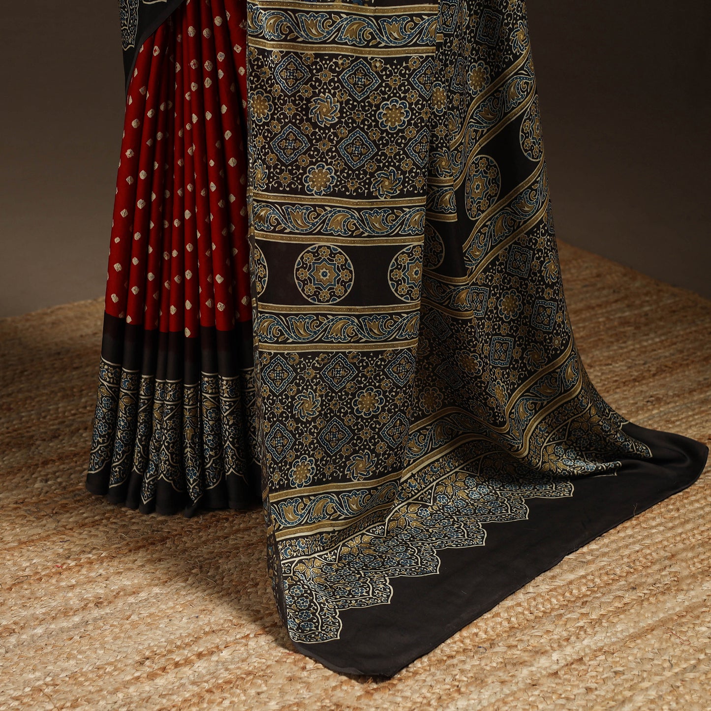 Red - Block Printed Ajrakh Modal Silk Bandhani Saree 06