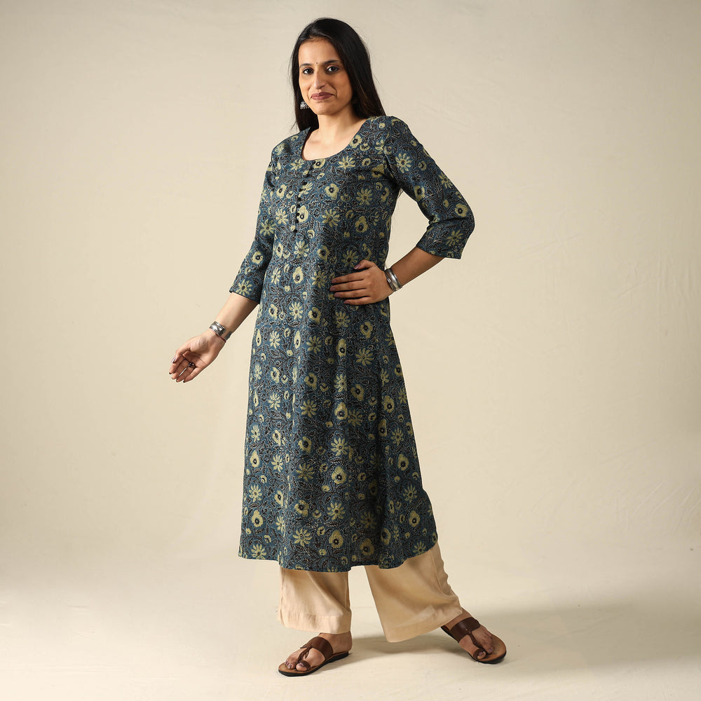 Blue - Ajrakh Block Printed Cotton Long Kurta