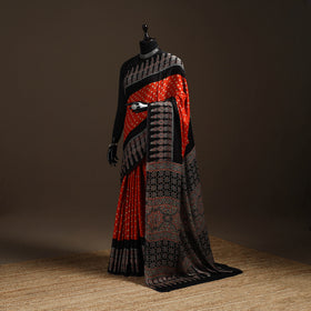 Orange - Block Printed Ajrakh Modal Silk Bandhani Saree 07