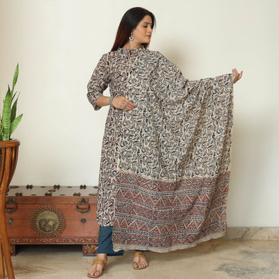 Grey - Pedana Kalamkari Block Printed Cotton Kurta with Palazzo & Dupatta Set 09