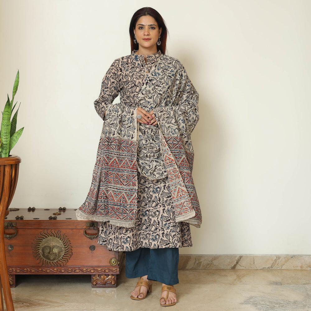 Grey - Pedana Kalamkari Block Printed Cotton Kurta with Palazzo & Dupatta Set 09