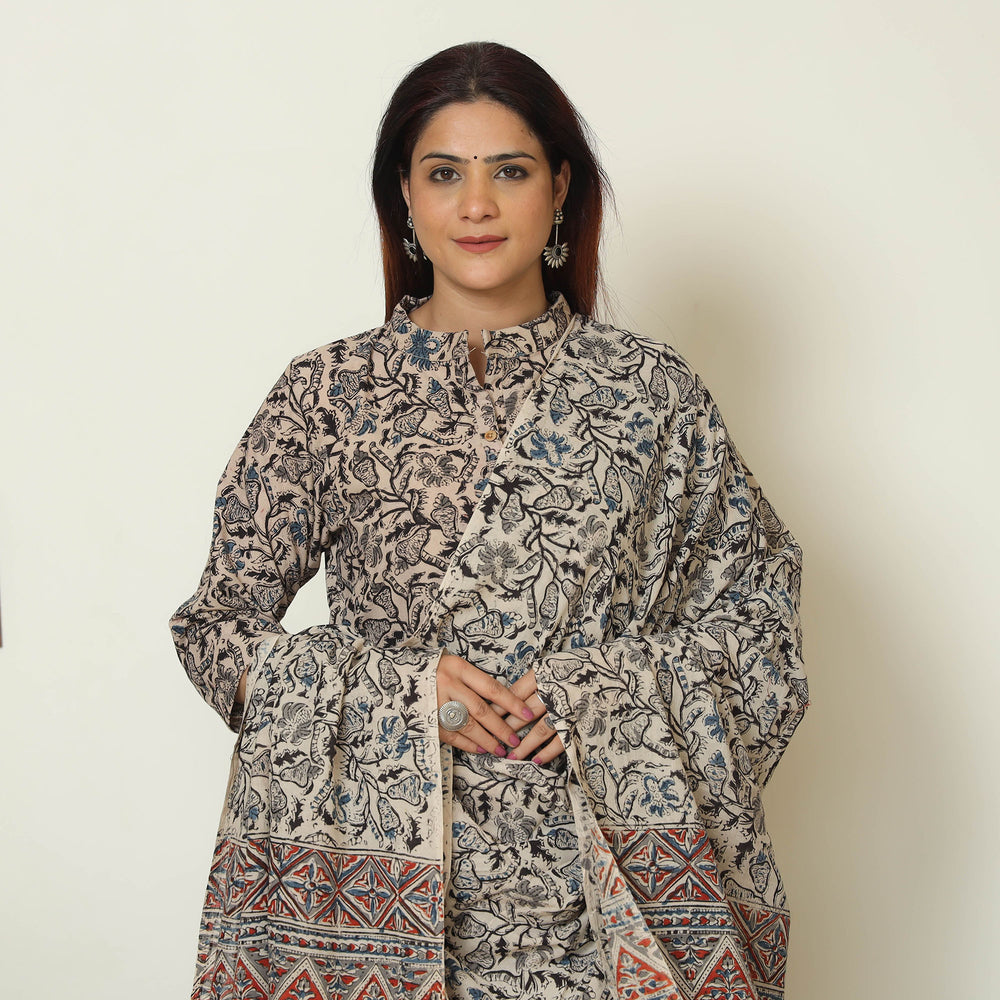 Grey - Pedana Kalamkari Block Printed Cotton Kurta with Palazzo & Dupatta Set 09