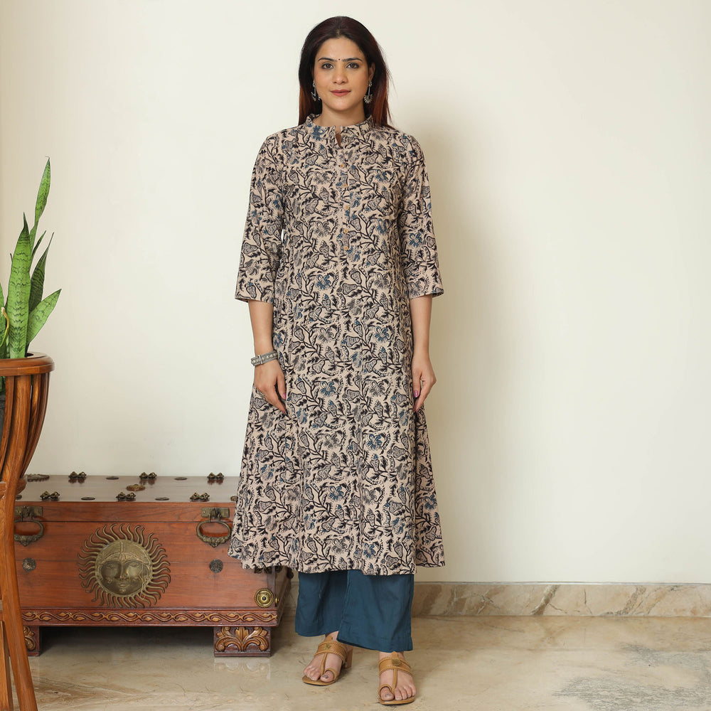 Grey - Pedana Kalamkari Block Printed Cotton Kurta with Palazzo & Dupatta Set 09