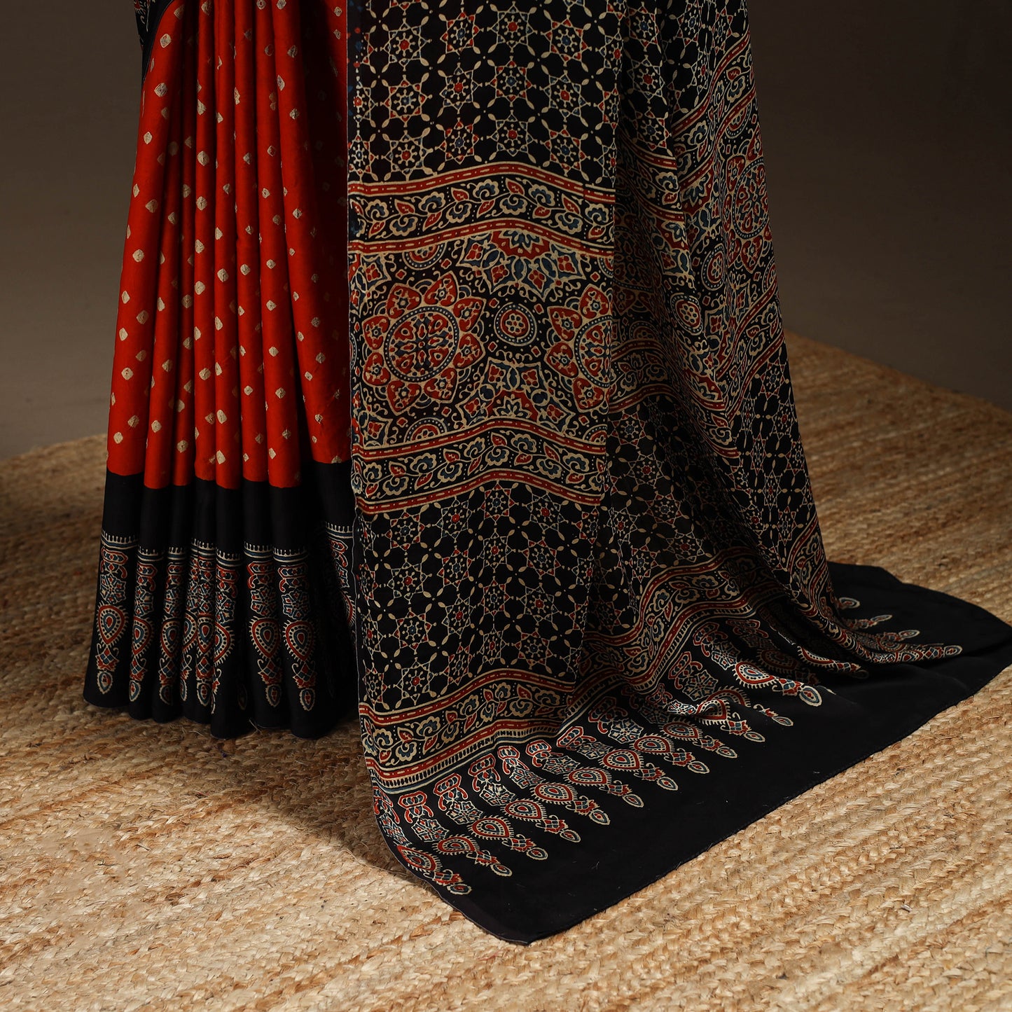 Orange - Block Printed Ajrakh Modal Silk Bandhani Saree 07