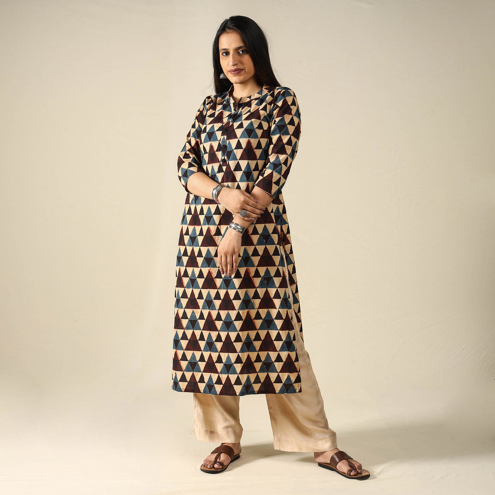 Beige - Ajrakh Block Printed Cotton Straight Kurta 17