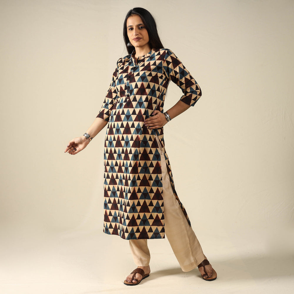 Beige - Ajrakh Block Printed Cotton Straight Kurta 17