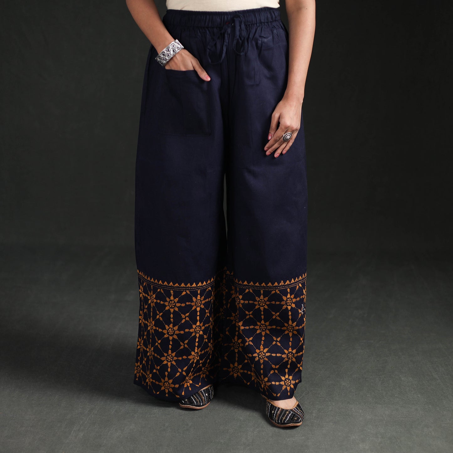 Bengal Kantha Hand Embroidered Cotton Palazzo 09