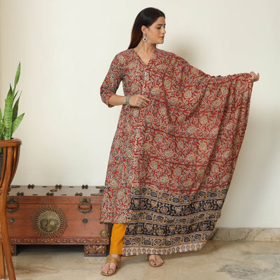 Red - Pedana Kalamkari Block Printed Cotton Kurta with Palazzo & Dupatta Set 08