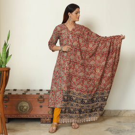 Red - Pedana Kalamkari Block Printed Cotton Kurta with Palazzo & Dupatta Set 08