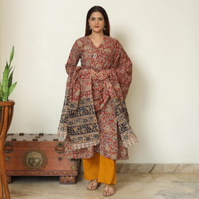 Red - Pedana Kalamkari Block Printed Cotton Kurta with Palazzo & Dupatta Set 08