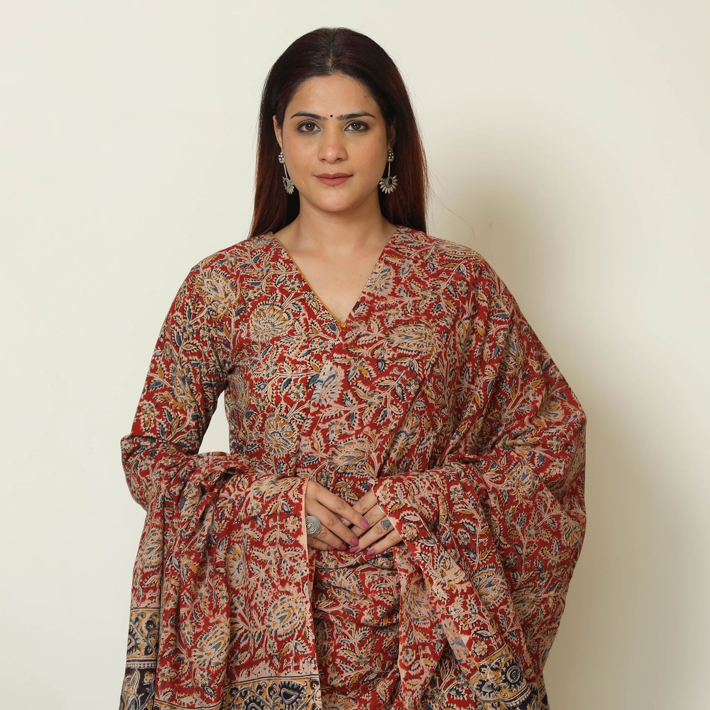 Red - Pedana Kalamkari Block Printed Cotton Kurta with Palazzo & Dupatta Set 08