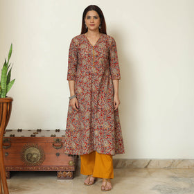 Red - Pedana Kalamkari Block Printed Cotton Kurta with Palazzo & Dupatta Set 08