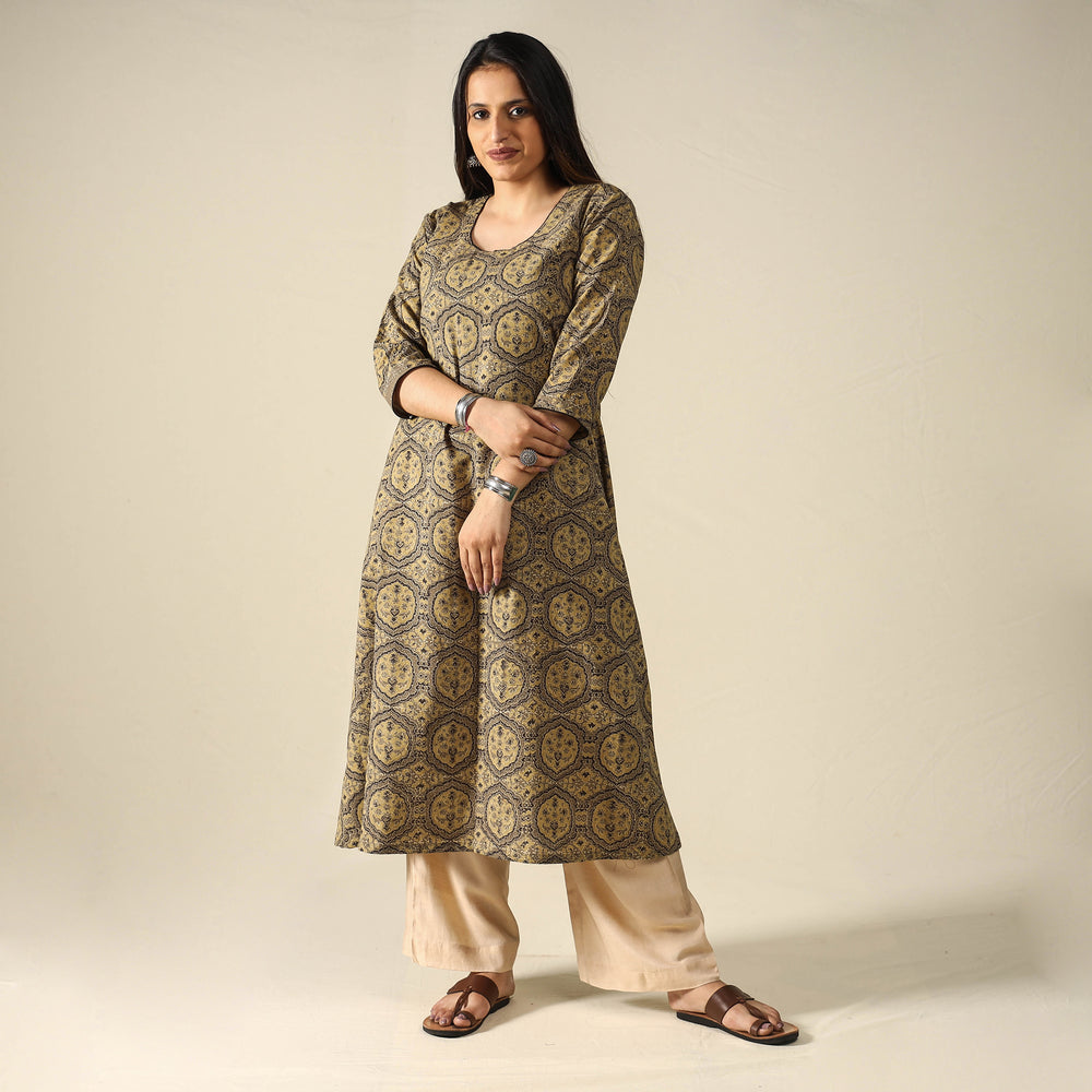 Brown - Ajrakh Block Printed Cotton A-Line Long Kurta