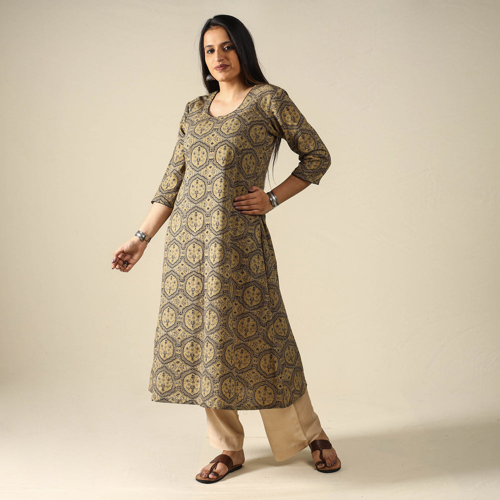 Brown - Ajrakh Block Printed Cotton A-Line Long Kurta