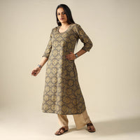 Brown - Ajrakh Block Printed Cotton A-Line Long Kurta