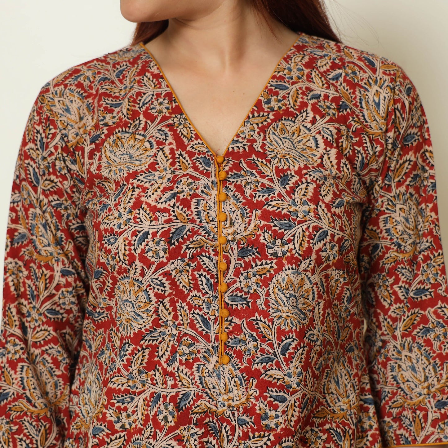 Red - Pedana Kalamkari Block Printed Cotton Kurta with Palazzo & Dupatta Set 08