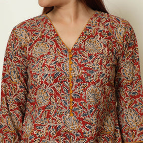 Red - Pedana Kalamkari Block Printed Cotton Kurta with Palazzo & Dupatta Set 08
