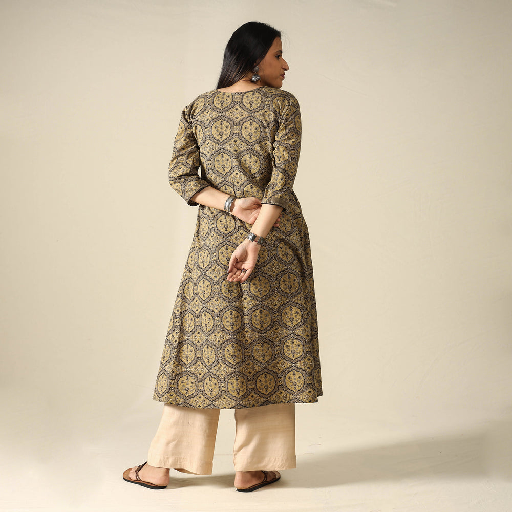 Brown - Ajrakh Block Printed Cotton A-Line Long Kurta