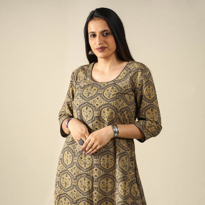 Brown - Ajrakh Block Printed Cotton A-Line Long Kurta