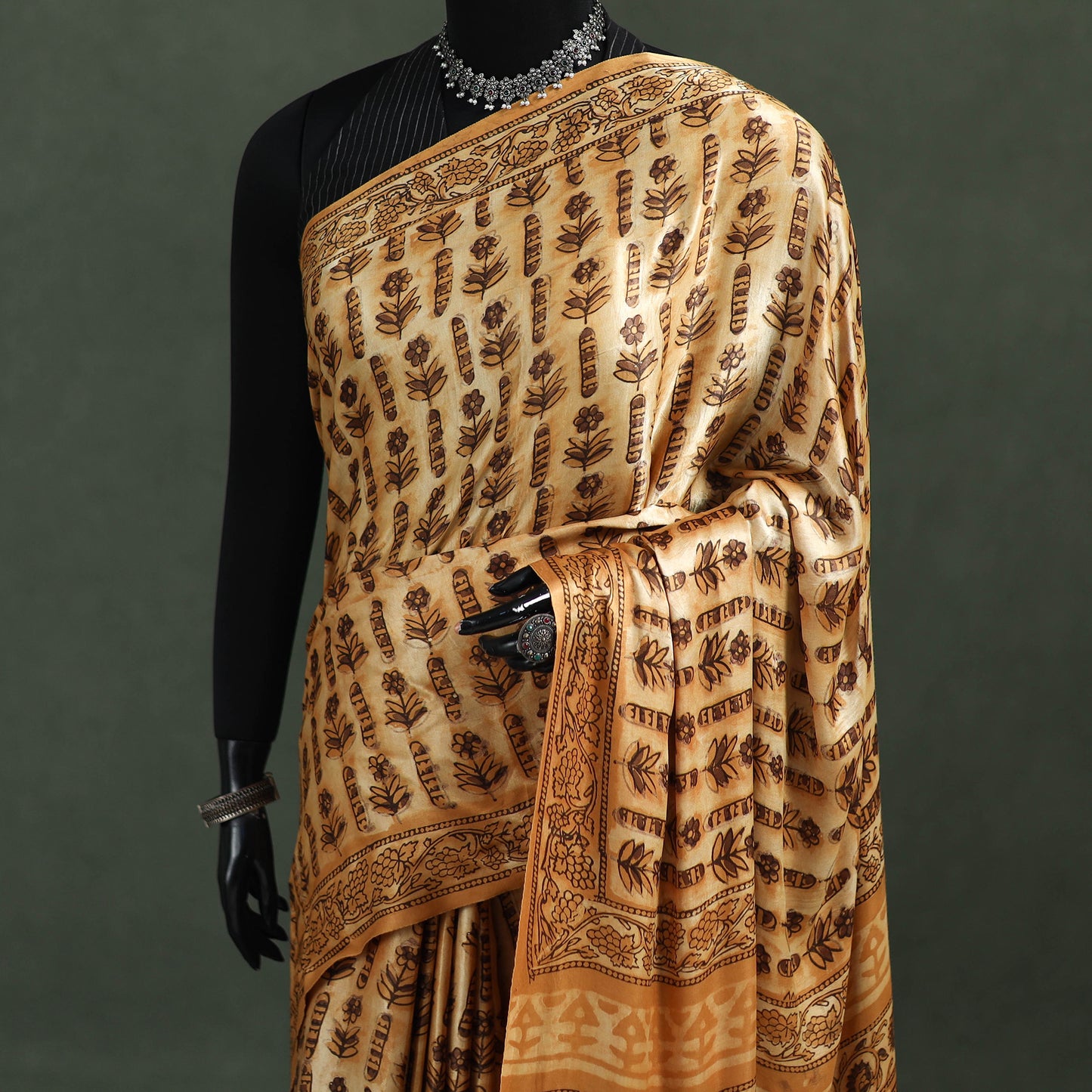 Bagru Hand Block Print Natural Dyed Modal Silk Saree 23