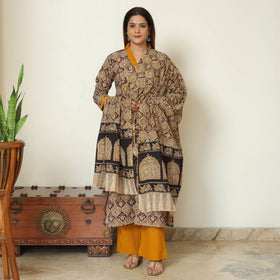 Brown - Pedana Kalamkari Block Printed Cotton Kurta with Palazzo & Dupatta Set 07