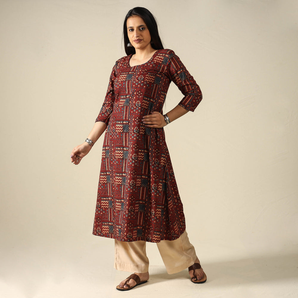 Red - Ajrakh Block Printed Cotton Long Kurta