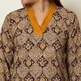 Brown - Pedana Kalamkari Block Printed Cotton Kurta with Palazzo & Dupatta Set 07