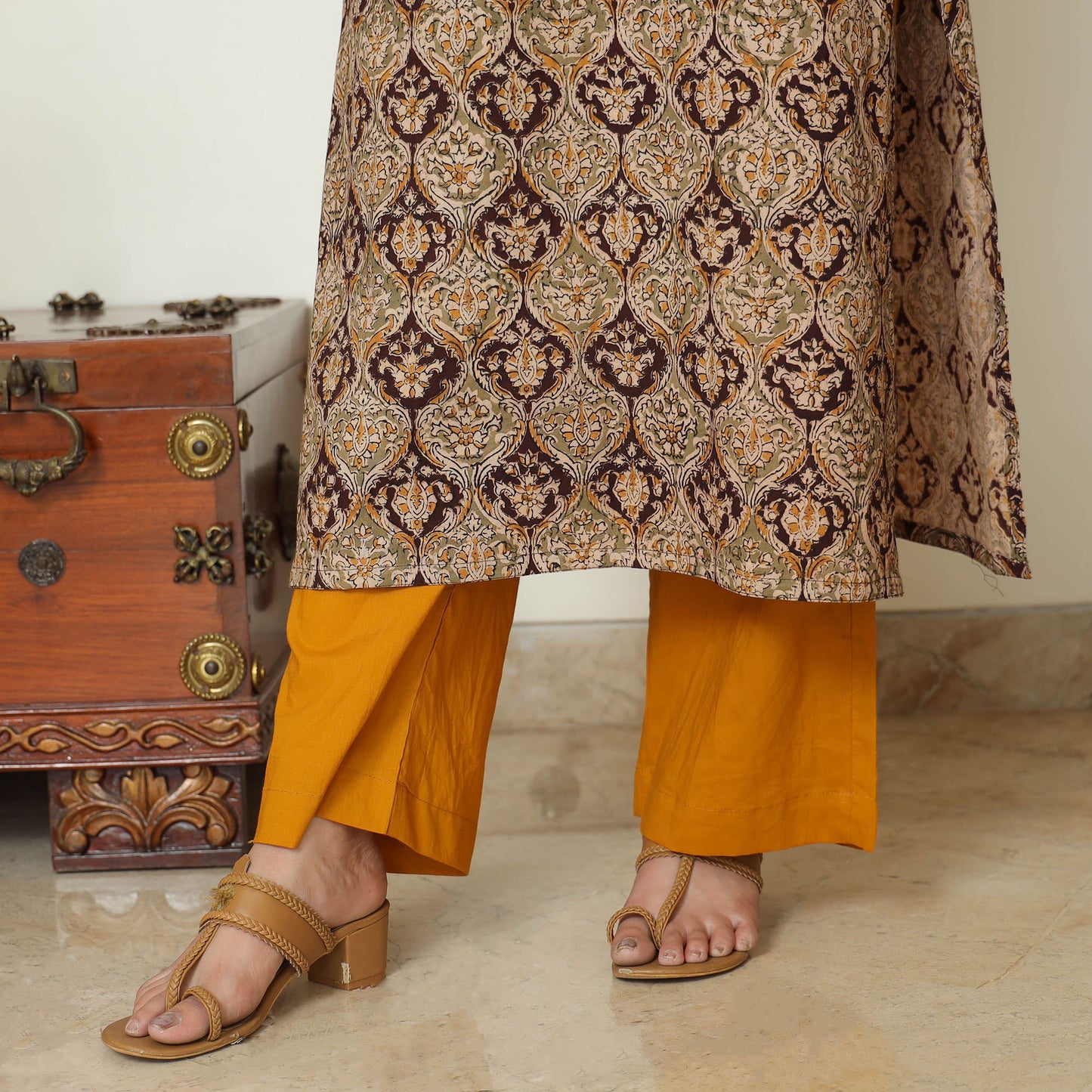 Brown - Pedana Kalamkari Block Printed Cotton Kurta with Palazzo & Dupatta Set 07