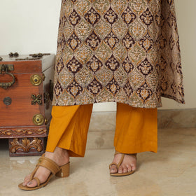 Brown - Pedana Kalamkari Block Printed Cotton Kurta with Palazzo & Dupatta Set 07