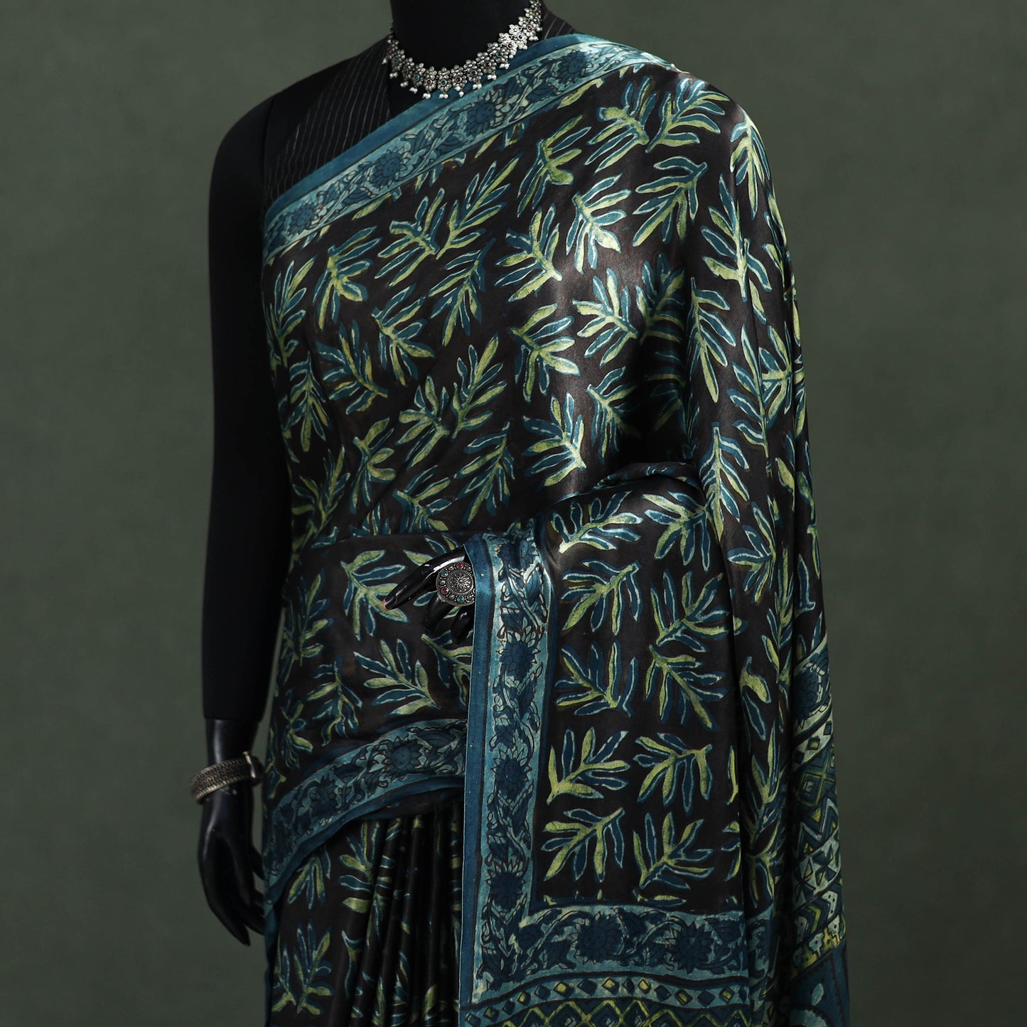Bagru Hand Block Print Natural Dyed Modal Silk Saree 24